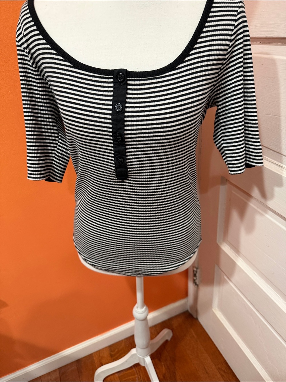 J. Crew Black and White Striped Scoop Henley Tee